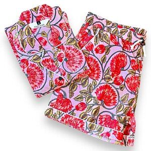 BRAND NEW Pink Floral Pajama Shorts PJs Set Cotton Block Printed Women summer